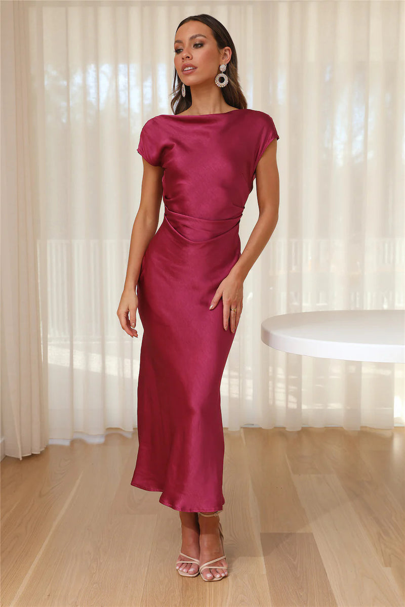 Women's Satin-Feel Round Neck Backless Maxi Evening Dress in Magenta, front view