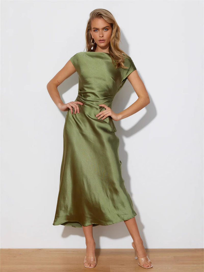 Women's Satin-Feel Round Neck Backless Maxi Evening Dress in Matcha, front view