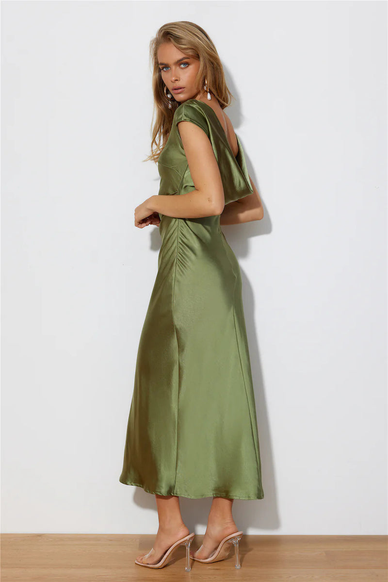 Women's Satin-Feel Round Neck Backless Maxi Evening Dress in Matcha, back view