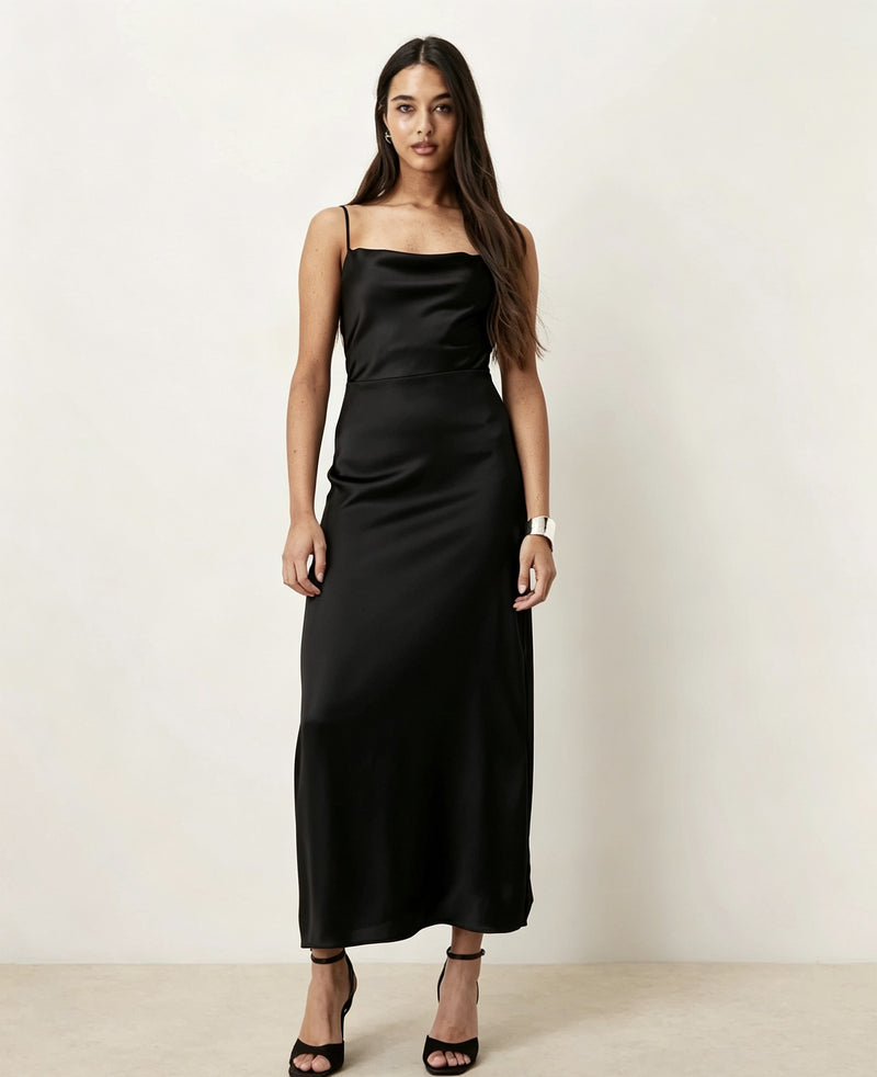 Women's Satin-Feel V-Neck Backless Slip Dress in Black, front view