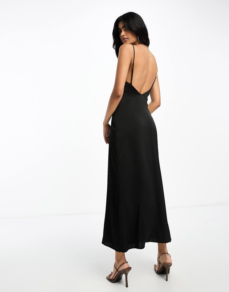 Women's Satin-Feel V-Neck Backless Slip Dress in Black, back view