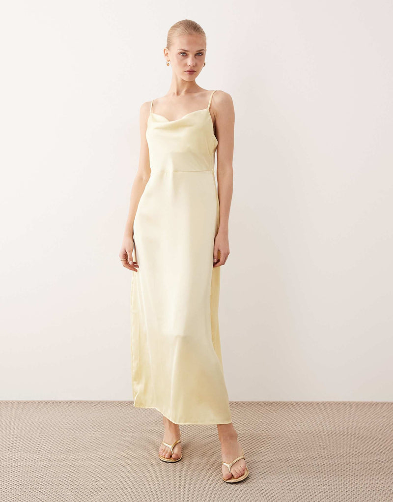 Women's Satin-Feel V-Neck Backless Slip Dress in Champagne, front view