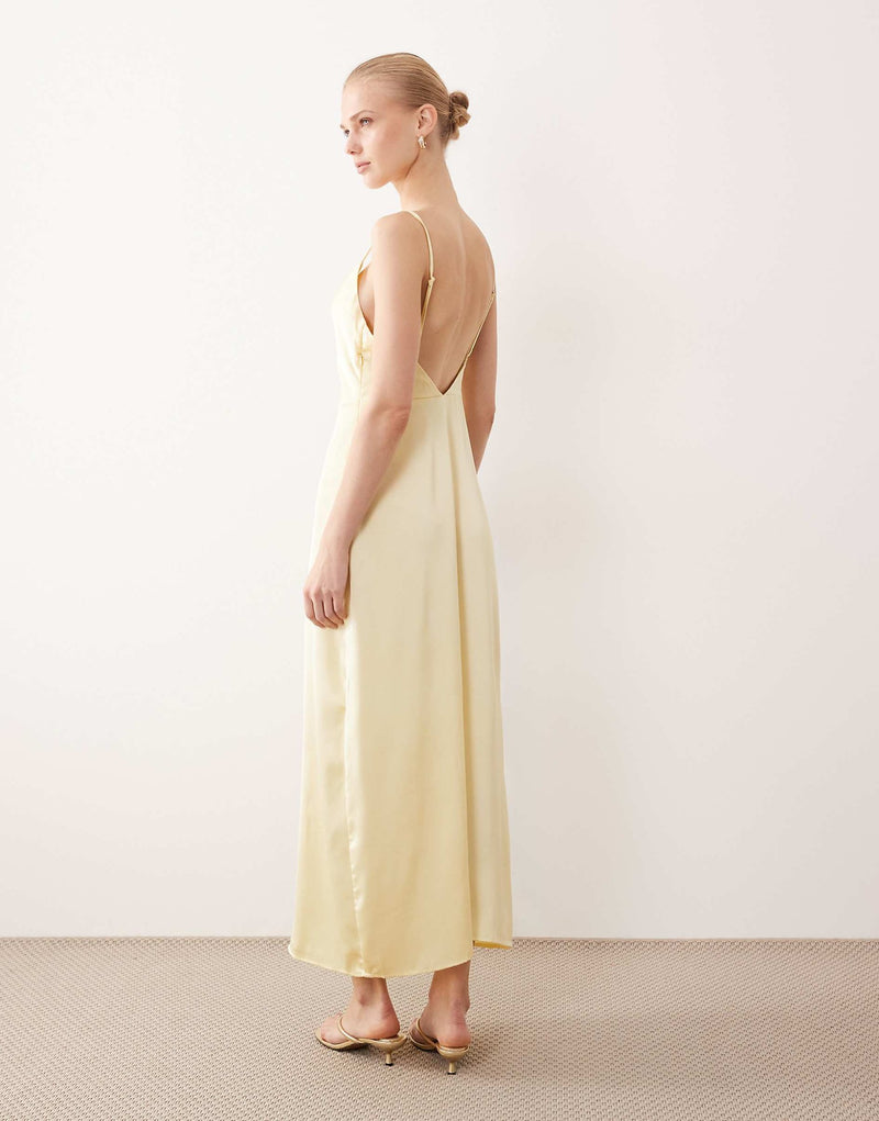 Women's Satin-Feel V-Neck Backless Slip Dress in Champagne, back view