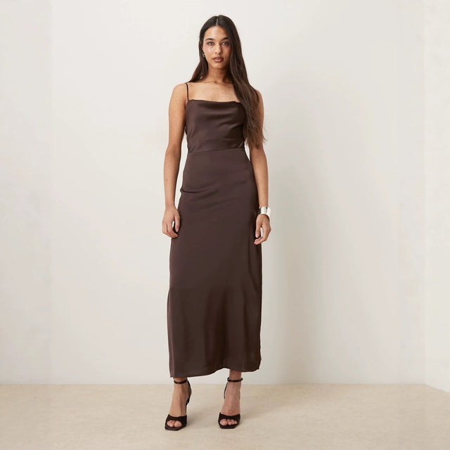 Women's Satin-Feel V-Neck Backless Slip Dress in Coffee, front view