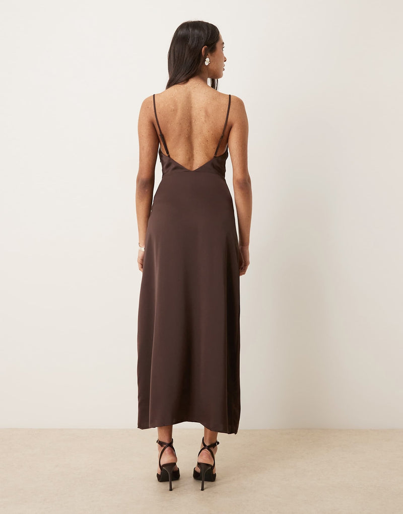 Women's Satin-Feel V-Neck Backless Slip Dress in Coffee, back view