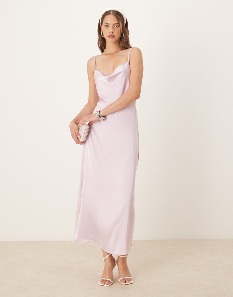 Women's Satin-Feel V-Neck Backless Slip Dress in Light Pink, front view