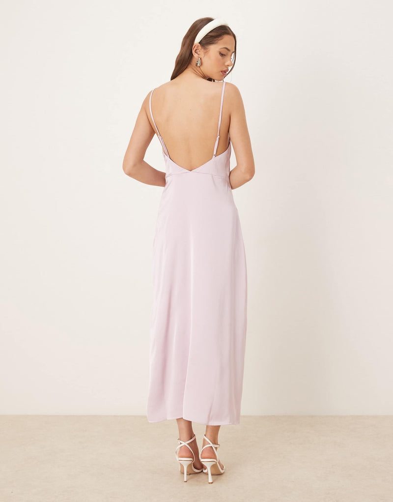 Women's Satin-Feel V-Neck Backless Slip Dress in Light Pink, back view