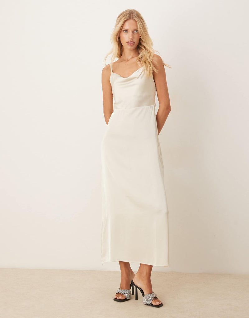 Women's Satin-Feel V-Neck Backless Slip Dress in White, front view