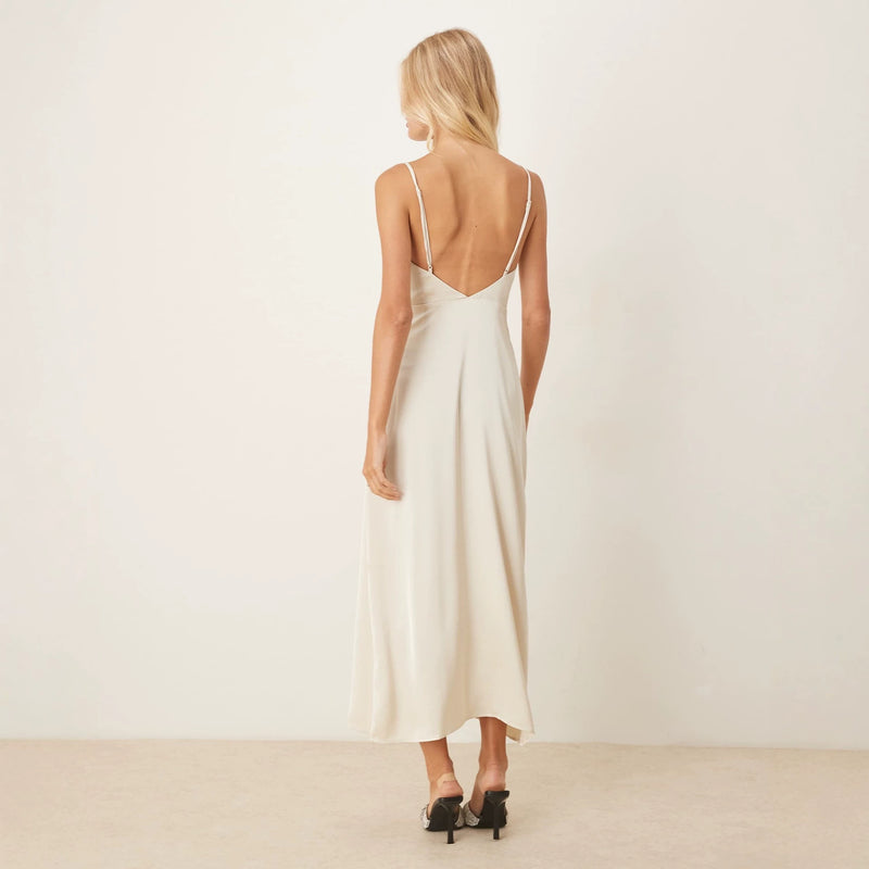 Women's Satin-Feel V-Neck Backless Slip Dress in White, back view