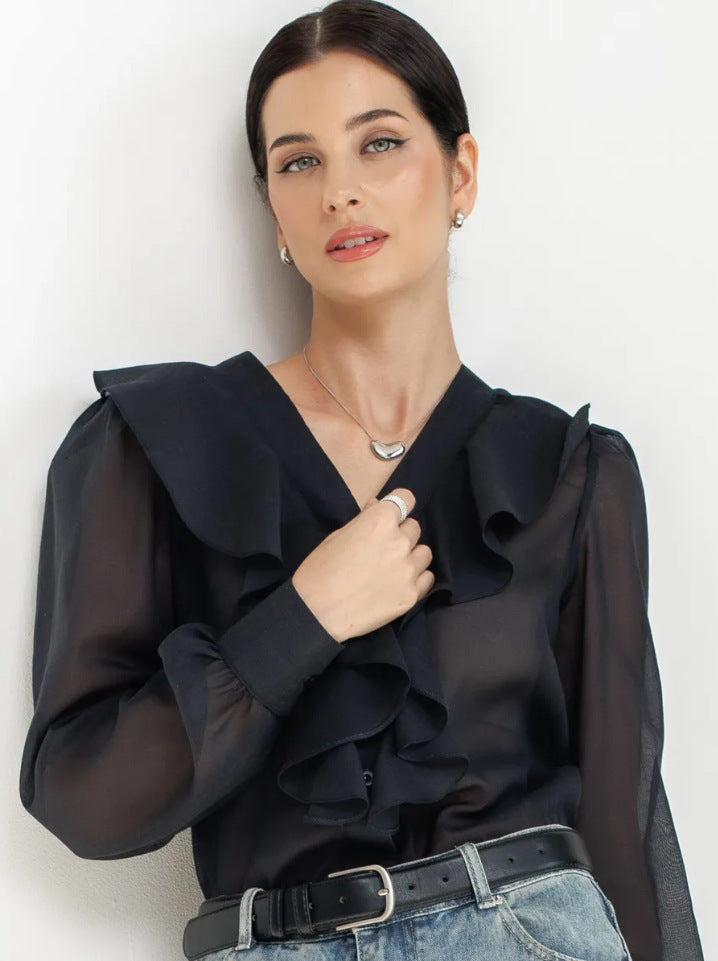 Women's Sheer V-Neck Ruffle Sleeve Blouse in Black, front view