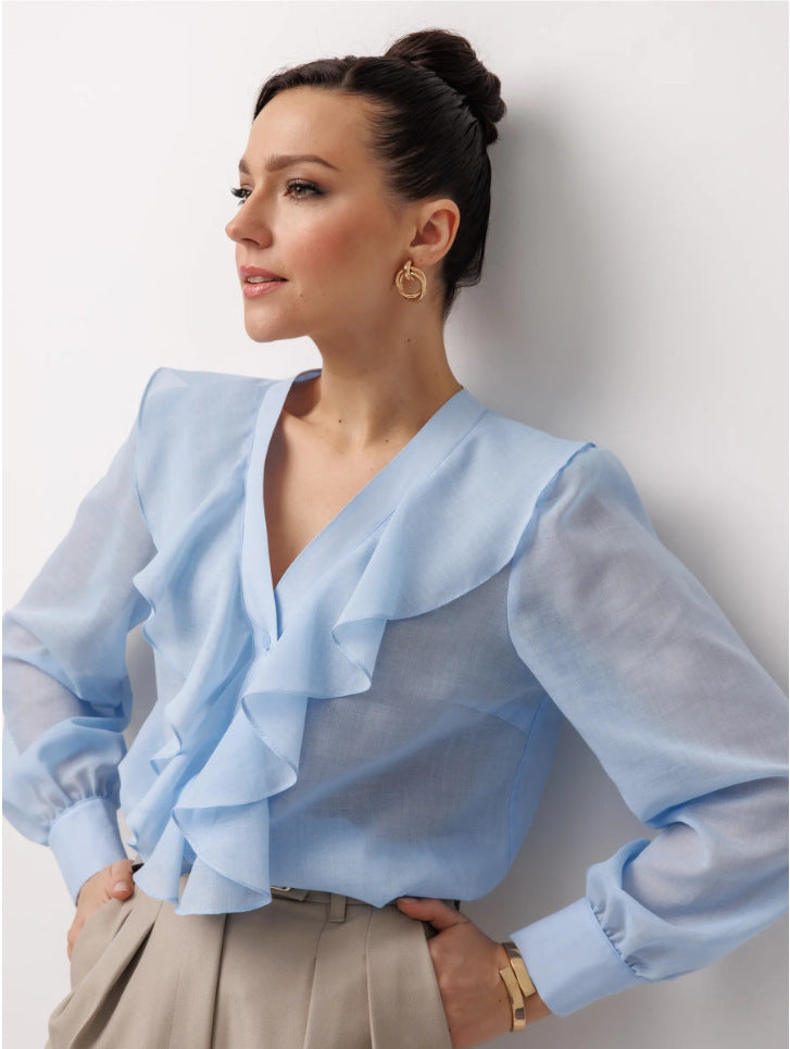 Women's Sheer V-Neck Ruffle Sleeve Blouse in Blue, front view
