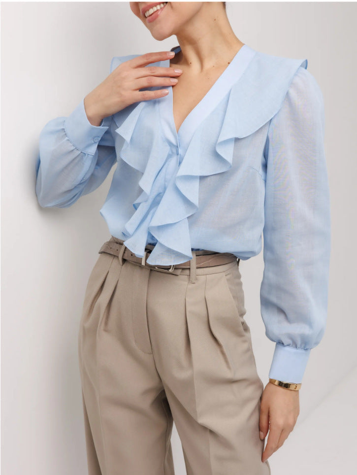 Women's Sheer V-Neck Ruffle Sleeve Blouse in Blue, detail