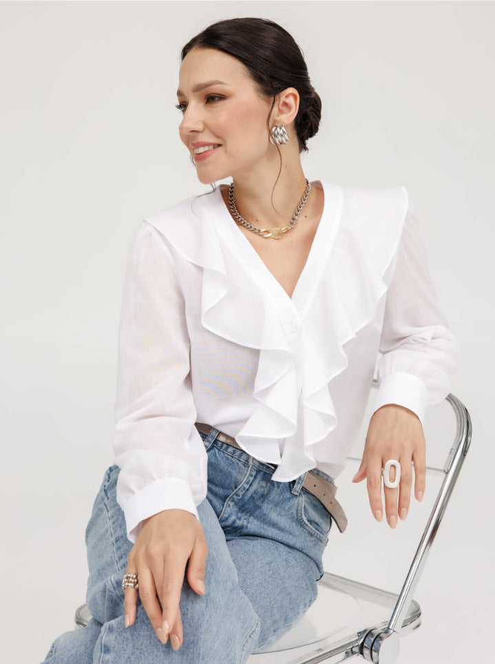 Women's Sheer V-Neck Ruffle Sleeve Blouse in White, front view