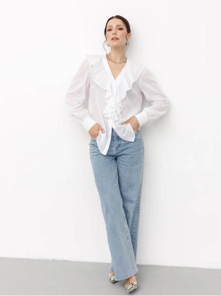 Women's Sheer V-Neck Ruffle Sleeve Blouse in White, front view
