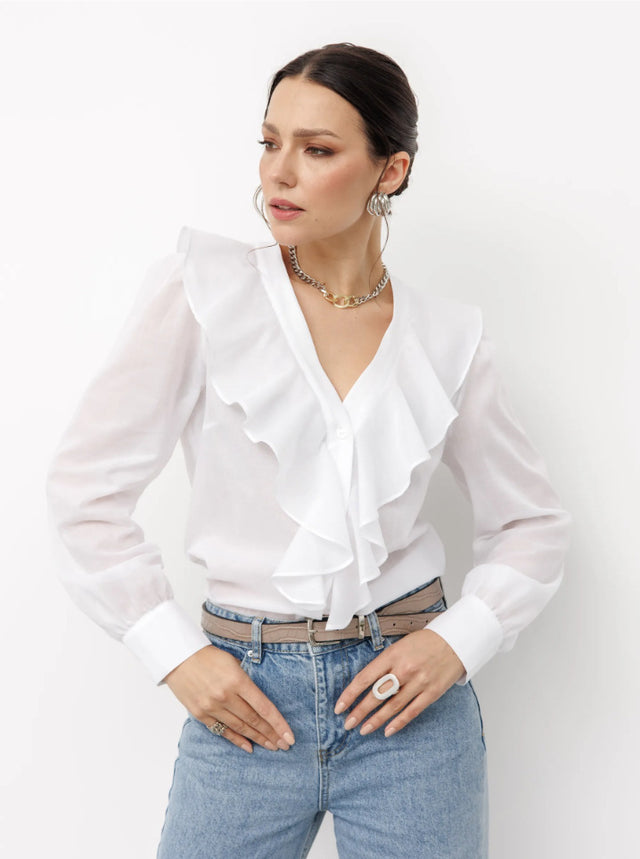 Women's Sheer V-Neck Ruffle Sleeve Blouse in White, front view