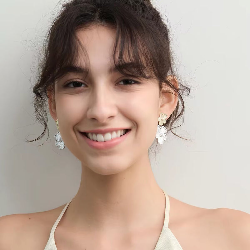 Women's Silver-Tone Flower Pearl Drop Earrings in Gold-Silver Two-Tone, front view