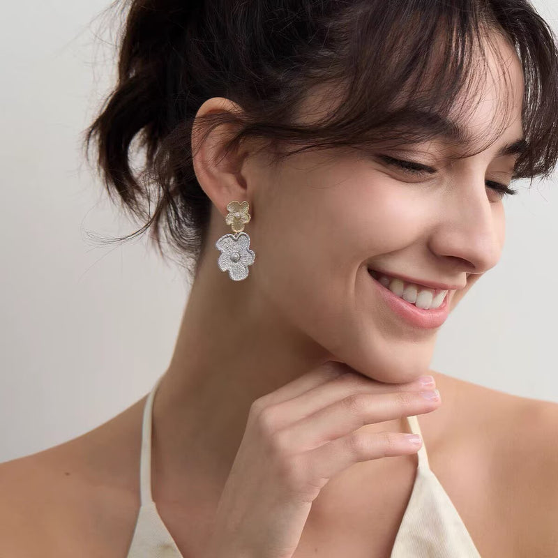 Women's Silver-Tone Flower Pearl Drop Earrings in Gold-Silver Two-Tone, front view