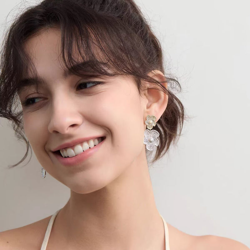 Women's Silver-Tone Flower Pearl Drop Earrings in Gold-Silver Two-Tone, front view