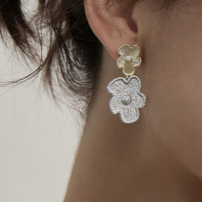 Women's Silver-Tone Flower Pearl Drop Earrings in Gold-Silver Two-Tone, side view