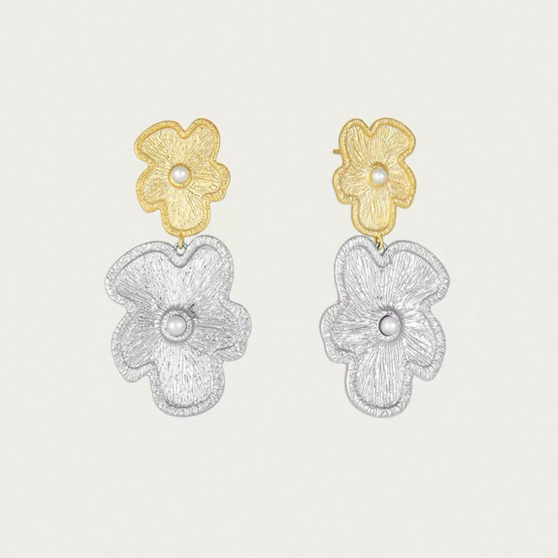 Women's Silver-Tone Flower Pearl Drop Earrings in Gold-Silver Two-Tone, front view