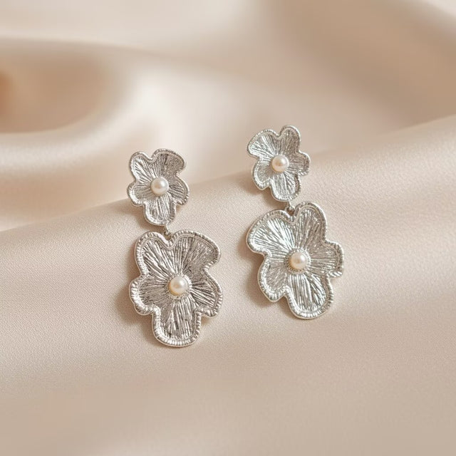 Women's Silver-Tone Flower Pearl Drop Earrings in Silver-Tone, front view