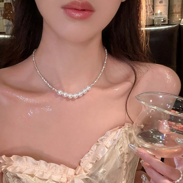 Women's Silver-Tone Pearl Choker Necklace in Silver-Tone, front view