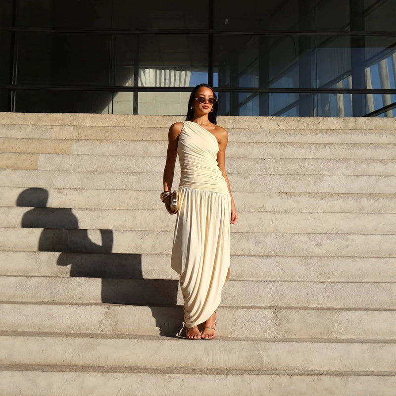 Women's Sleeveless Pleated Wedding Guest Dress in Light Yellow, front view
