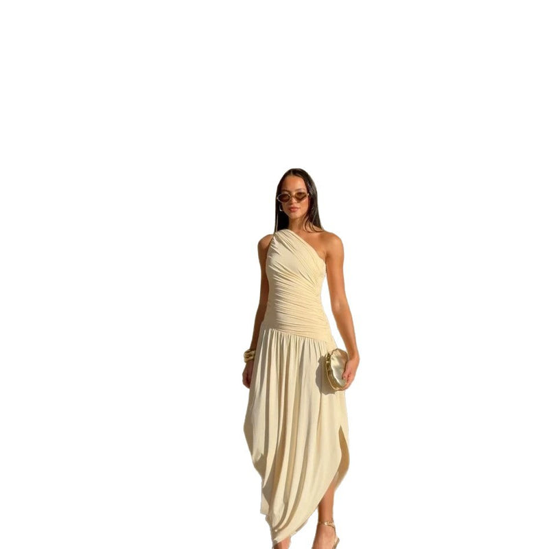 Women's Sleeveless Pleated Wedding Guest Dress in White, front view
