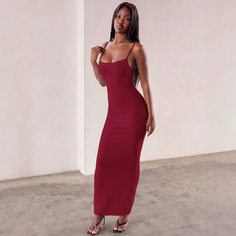 Women's Sleeveless Round Neck Maxi Corset Dress in Red, front view