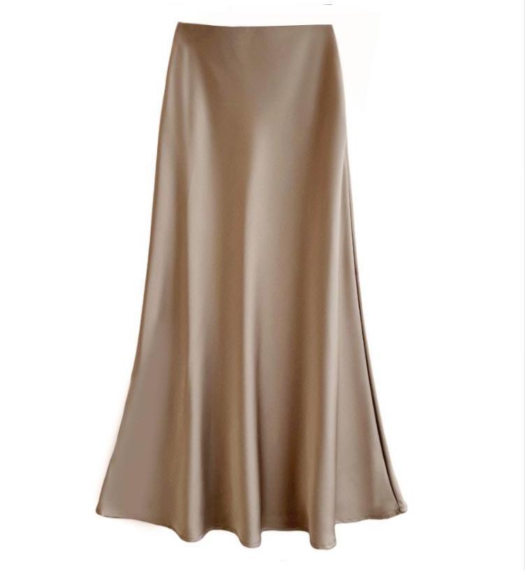 Women's Slim A-Line Satin-Feel Midi Skirt in Camel, front view