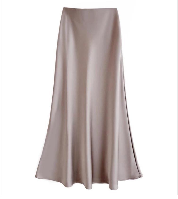Women's Slim A-Line Satin-Feel Midi Skirt in Champagne, front view