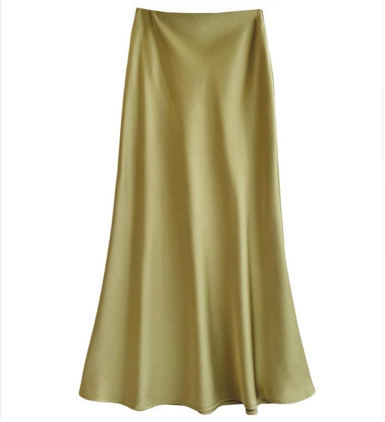 Women's Slim A-Line Satin-Feel Midi Skirt in Mustard Yellow, front view