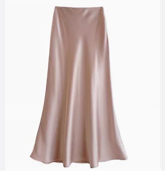 Women's Slim A-Line Satin-Feel Midi Skirt in Nude Pink, front view