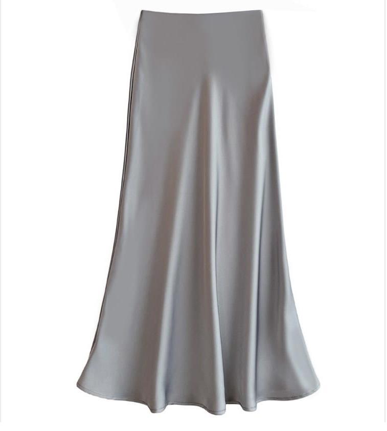 Women's Slim A-Line Satin-Feel Midi Skirt in Silver Gray, front view