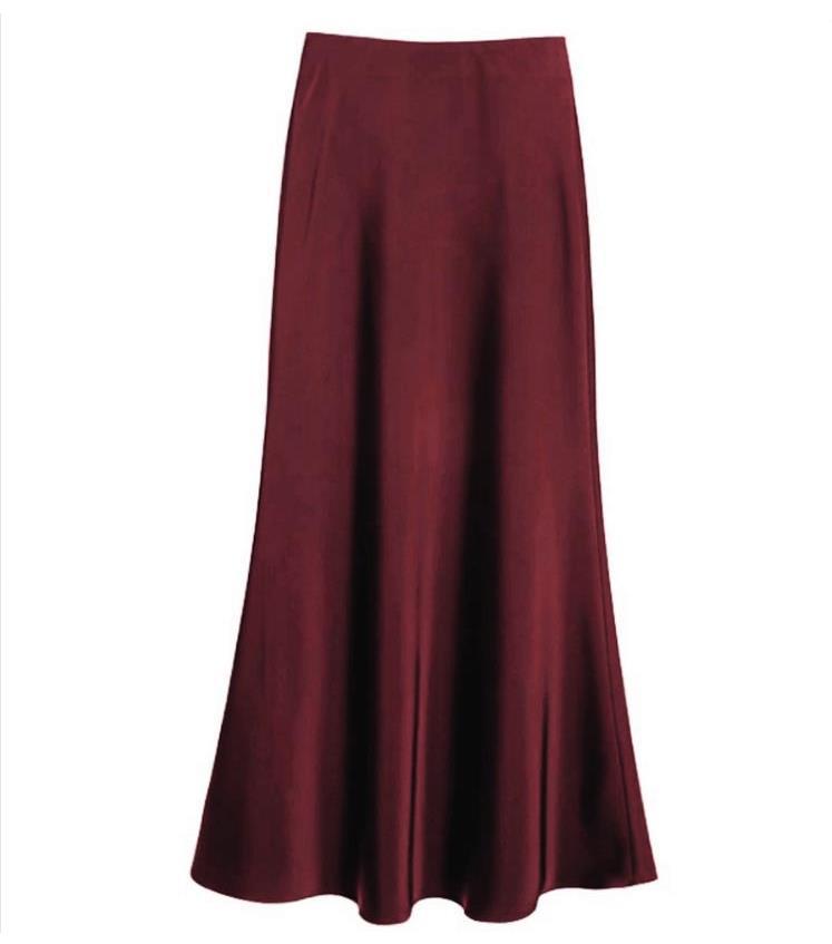 Women's Slim A-Line Satin-Feel Midi Skirt in Wine Red, front view