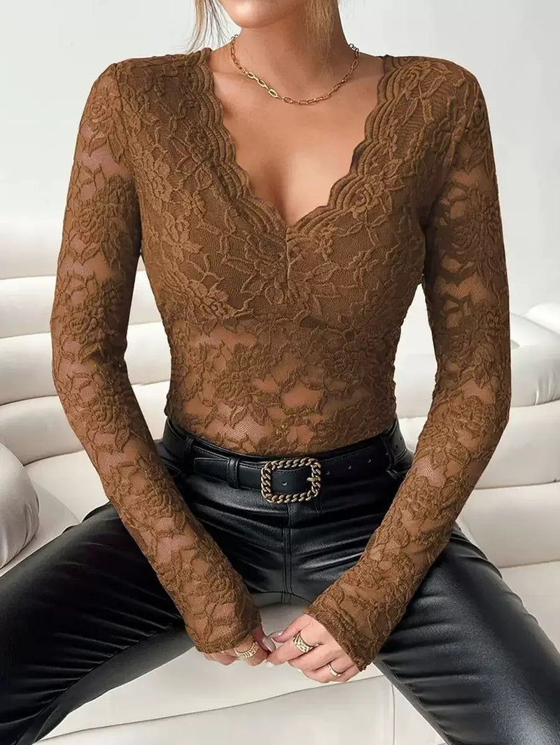 Women's Slim Fit Long Sleeve Lace-Look Pullover Top in Brown, front view
