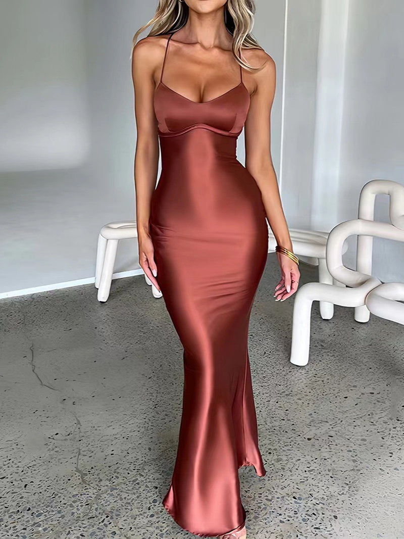 Women's Sling Backless Mid-Waist Satin-Feel Dress in Brick red, front view