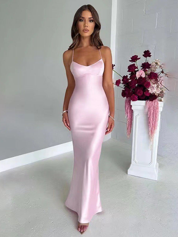 Women's Sling Backless Mid-Waist Satin-Feel Dress in Pink, front view