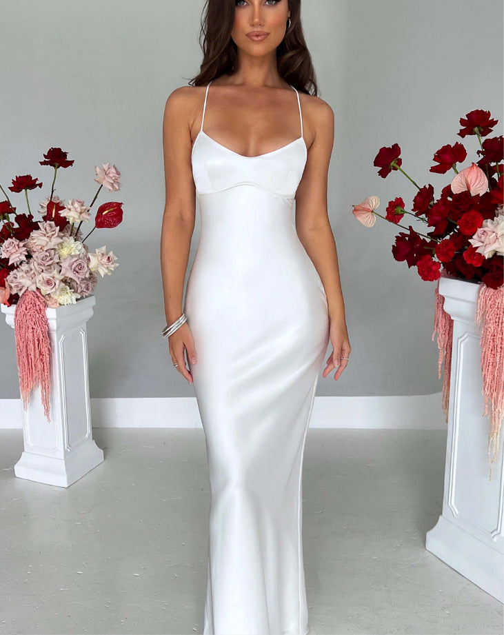Women's Sling Backless Mid-Waist Satin-Feel Dress in White, front view