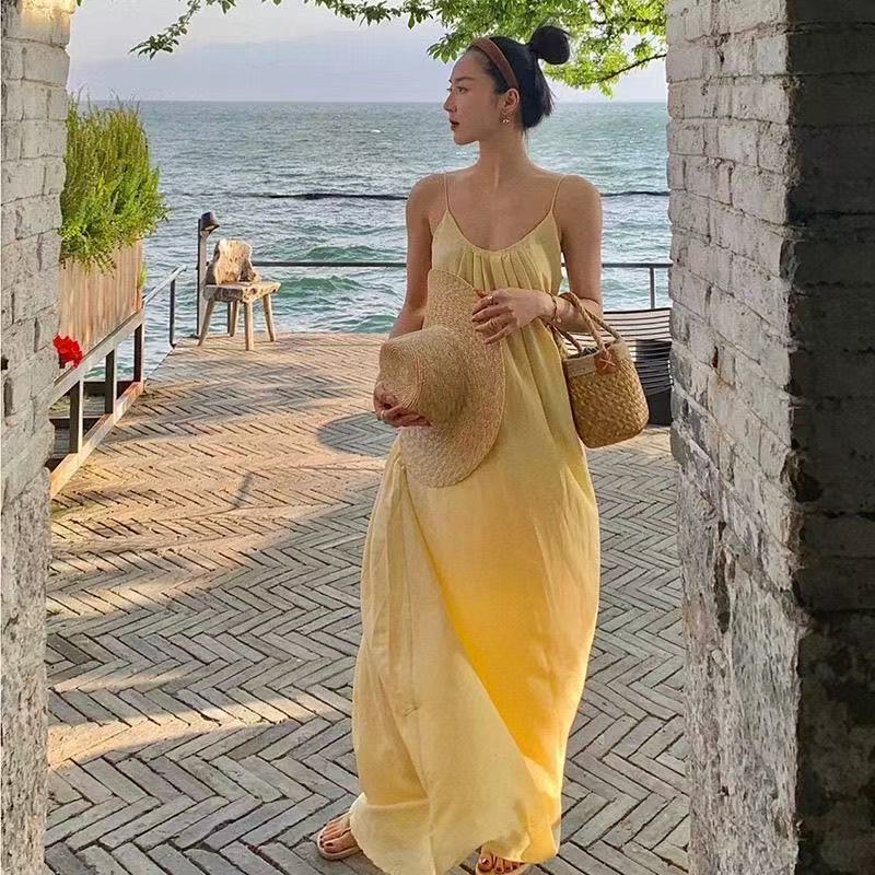 Women's Square Neck Pleated Midi Slip Dress in Yellow, front view