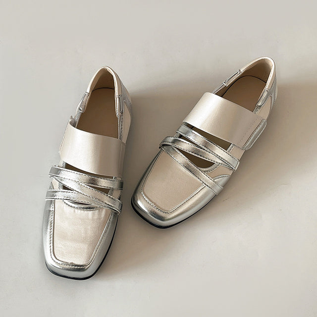 Women's Square Toe Hidden Heel Mary Jane Ballet Flats in Silver, front view