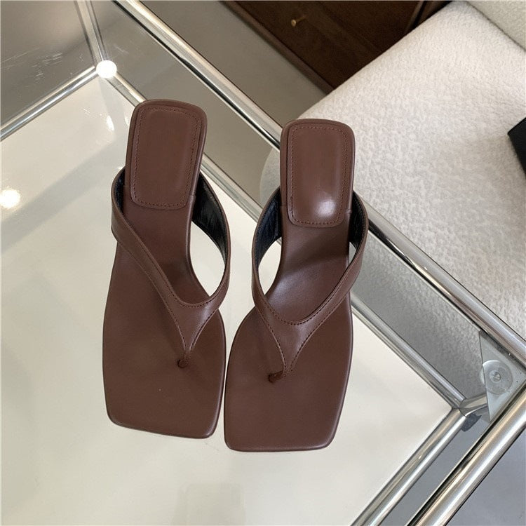 Women's Square Toe Kitten Heel Thong Sandals in Dark Brown, front view