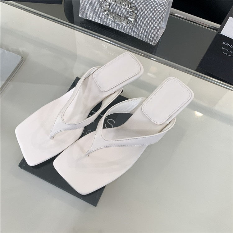 Women's Square Toe Kitten Heel Thong Sandals in Off-White, front view