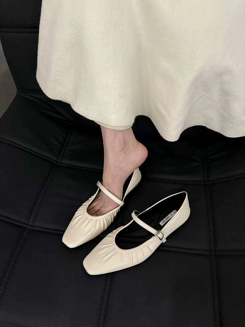 Women's Square Toe Low Heel Mary Jane Shoes in Beige White, product photo