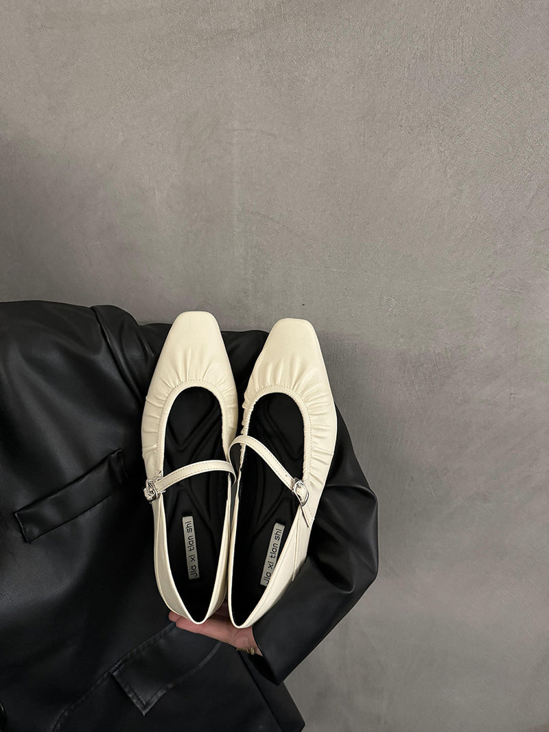 Women's Square Toe Low Heel Mary Jane Shoes in Beige White, product photo