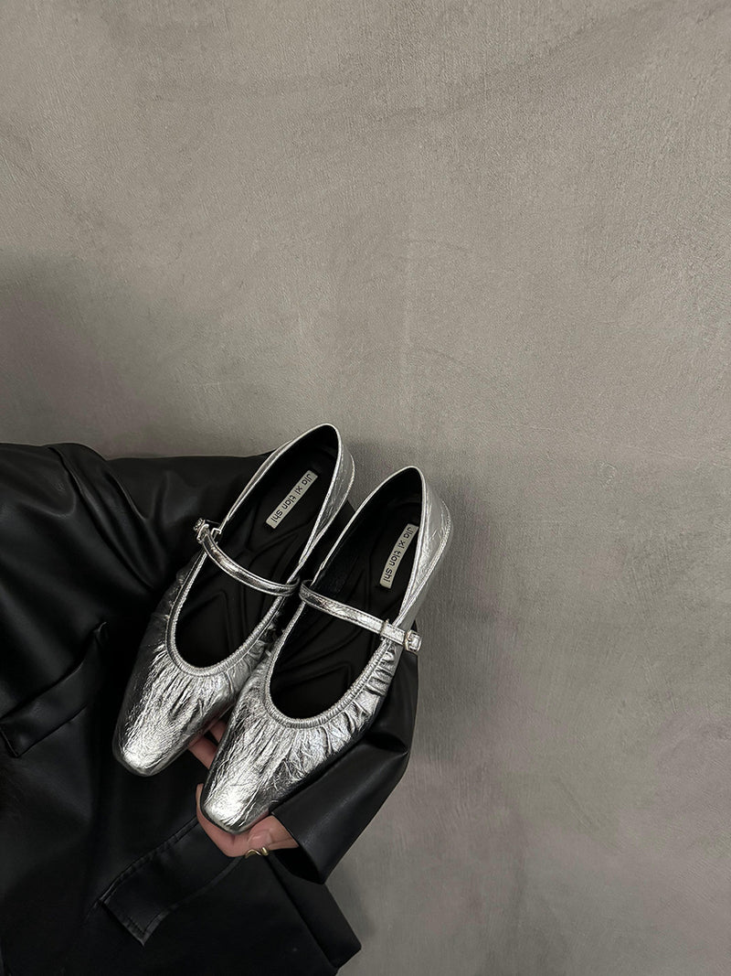 Women's Square Toe Low Heel Mary Jane Shoes in Silver, product photo