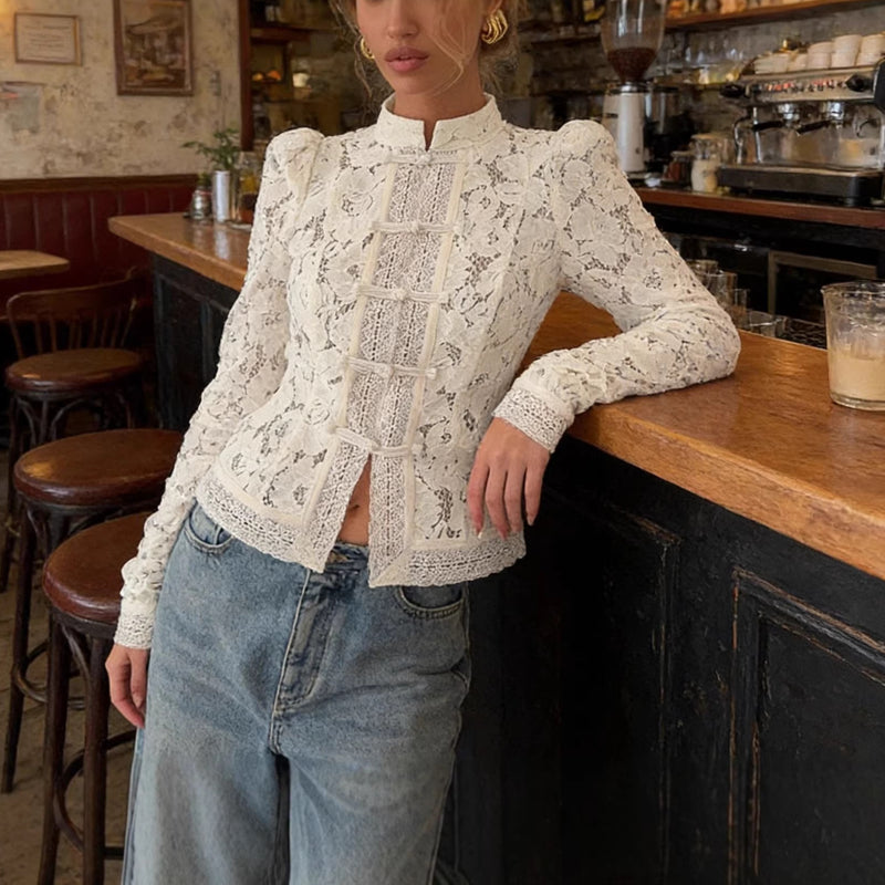 Women's Stand Collar Lace-Look Long Sleeve Top in White, front view
