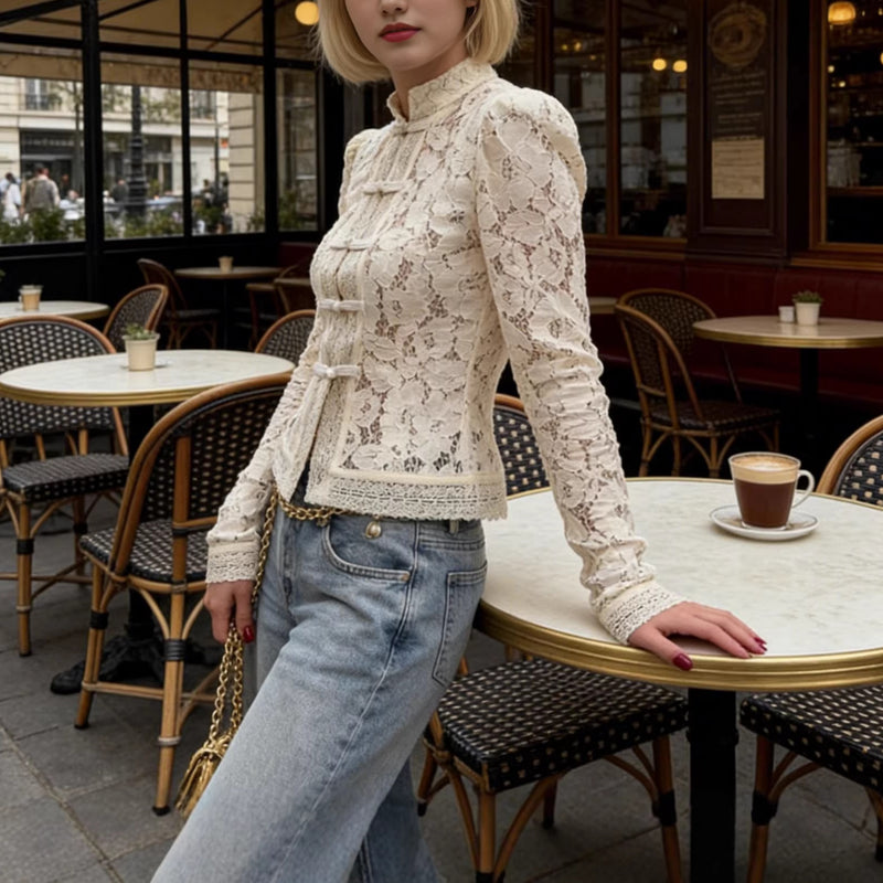 Women's Stand Collar Lace-Look Long Sleeve Top in White, side view