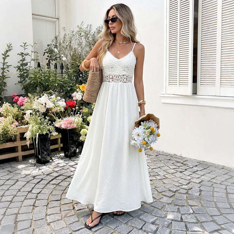 Women's Strap Hollow-Out Lace-Look Maxi Dress in White, front view