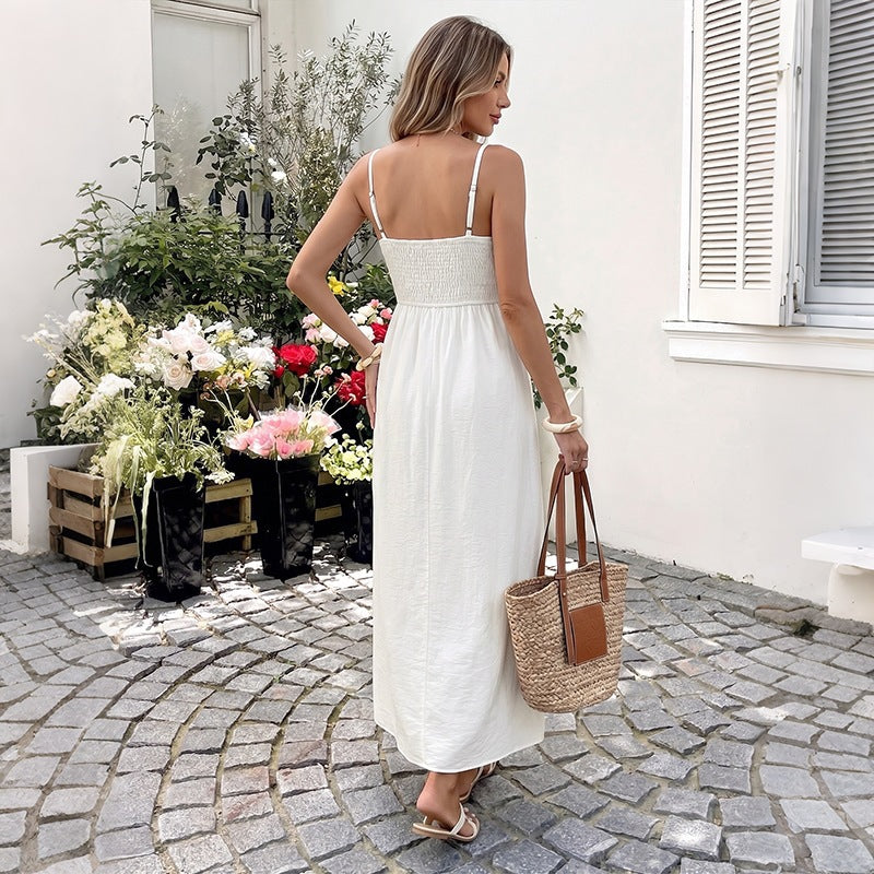 Women's Strap Hollow-Out Lace-Look Maxi Dress in White, back view